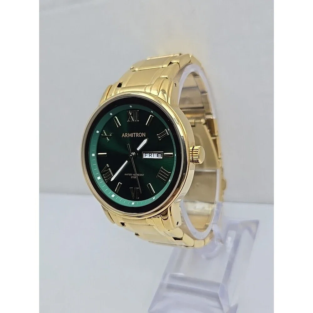 Armitron Mens Gold Tone Green Dial Day Date Quartz Watch 20/4935GP New Battery